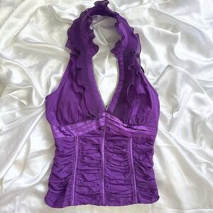 Oh Yes Purple Ruffle Halter Top Rhinestone Trim Ruched Y2K Style D-1936 Womens M
